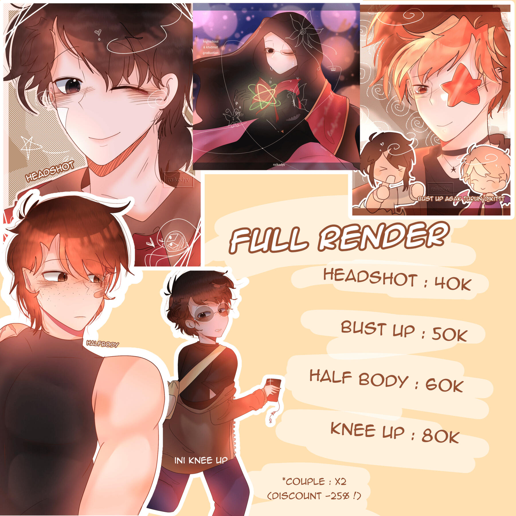 headshot - 40k / bust up - 50k / half body - 60k / knee up - 80k `((couples discount for -20%))`